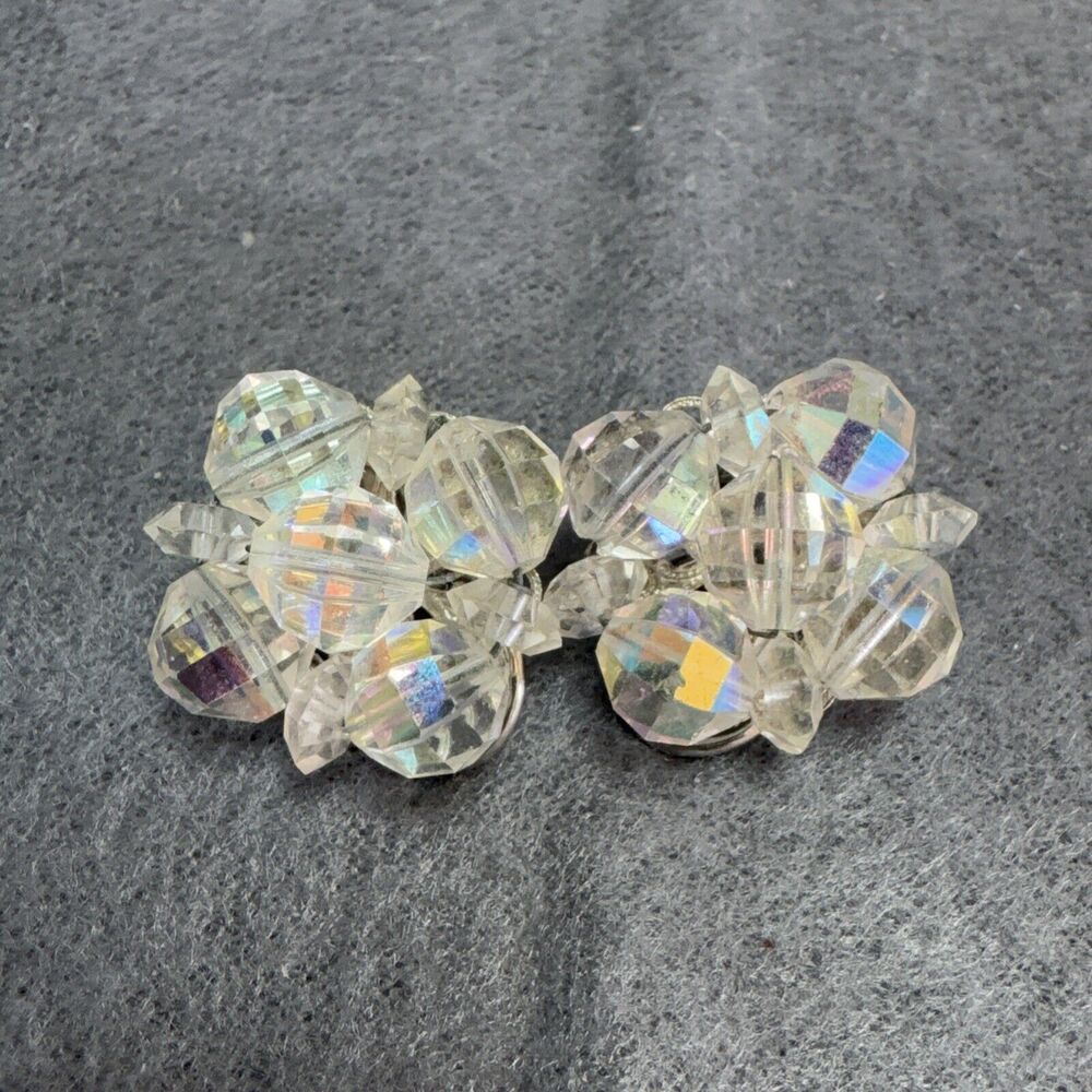 Clear Cluster Bead AB Crystal Clip On Earrings Silver Tone Vintage Jewelry